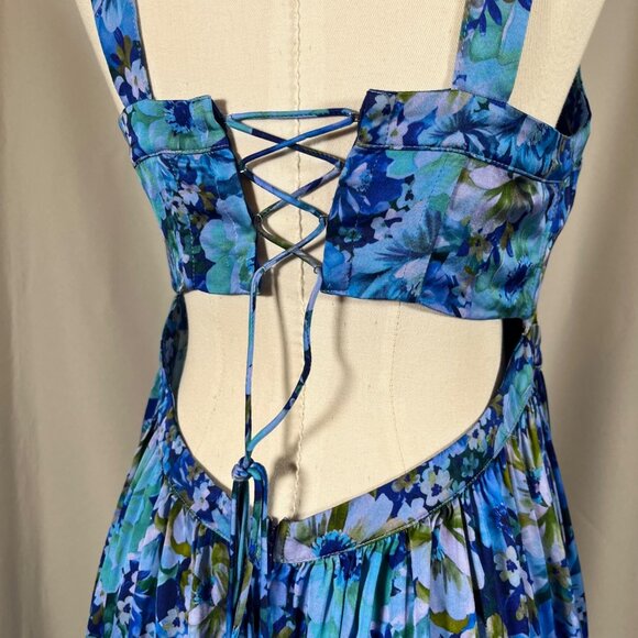 FOR LOVE & LEMONS Astor Midi Dress Blue Floral Sz L Pleated Bust Lace Up Back - Picture 16 of 16
